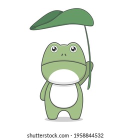 cute fat frog character holding big leaf