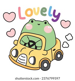 Cute fat frog drive yellow car with heart on white background.Chubby reptile animal character cartoon design.Image for card,poster,baby clothing,sticker.Kawaii.Vector.Illustration.