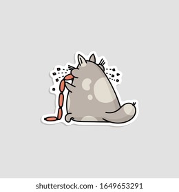 Cute fat funny glutton cat sitting back to viewer and eating sausages, cartoon vector illustration isolated on background. Domestic pet comic character sticker template.