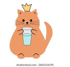 Cute fat funny nice cat with a glass of water on white isolated vector illustration 