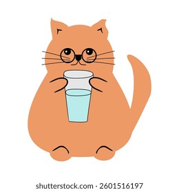 Cute fat funny nice cat with a glass of water on white isolated vector illustration 