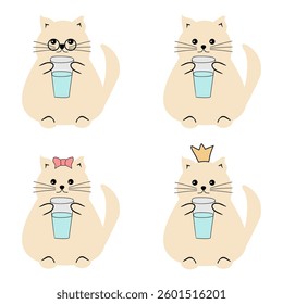Cute fat funny nice cat with a glass of water on white isolated vector illustration 