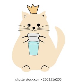 Cute fat funny nice cat with a glass of water on white isolated vector illustration 