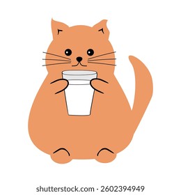 Cute fat funny nice cat with a glass of milk on white isolated vector illustration	