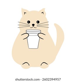 Cute fat funny nice cat with a glass of milk on white isolated vector illustration	