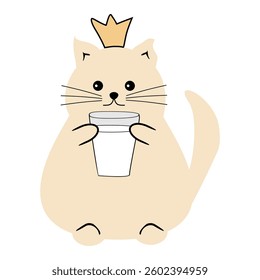 Cute fat funny nice cat with a glass of milk on white isolated vector illustration	