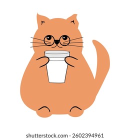 Cute fat funny nice cat with a glass of milk on white isolated vector illustration	