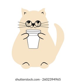 Cute fat funny nice cat with a glass of milk on white isolated vector illustration	