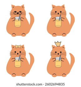 Cute fat funny nice cat with a glass of juice on white isolated vector illustration