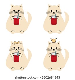 Cute fat funny nice cat with a glass of juice on white isolated vector illustration