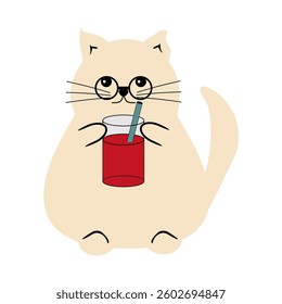 Cute fat funny nice cat with a glass of juice on white isolated vector illustration