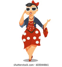 Cute fat girl in sunglasses and a red dress. Young woman plus size cartoon character vector illustration.