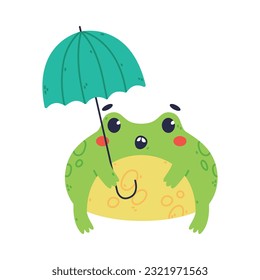 Cute Fat Green Frog or Toad Character with Umbrella Vector Illustration