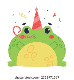 Cute Fat Green Frog or Toad Character in Birthday Hat Blowing Whistle Vector Illustration