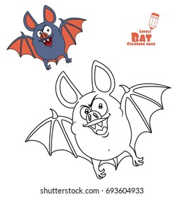 Cute fat Halloween bat flying color and outlined for coloring page