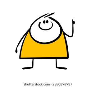 Cute fat, handsome man advertises, draws attention to important information. Vector illustration of cartoon boy holding up his finger, live pointer. Funny stickman isolated on white background.