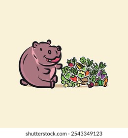 Cute fat Hippo smilling with vegetable Foods