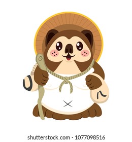 Cute fat Japanese traditional tanuki mascot character with hat and sake bottle