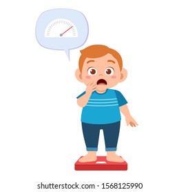 Cute Fat Kid Boy Use Weight Scale Vector