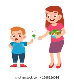 Cute Fat Kid Refuse Healthy Fresh Food Vector