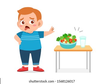 cute fat kid refuse healthy fresh food vector