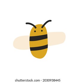 Cute fat little bee in doodle style. Logo scandinavian baby print in yellow and black colors. Print for coloring book, t shirt, cup, child clothes. cartoon honey insect.