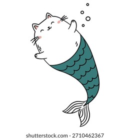 Cute fat mermaid cat. Vector illustration in a simple children's style on a white background. 