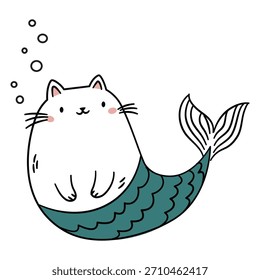 Gato de sirena gordo lindo. Ilustración vectorial en un estilo simple para niños sobre un fondo blanco. 