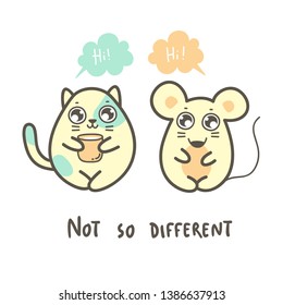 Cute fat mouse and cat say Hi each other. Vector kawaii illustration