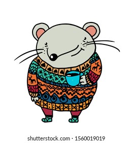 Cute fat mouse in funny warm sweater and with hot cup of tea. Ugly sweater with christmas ornament.vector illustration.
