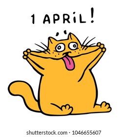 Cute fat orange cat stretched his cheeks and shows tongue. April holiday is a fool's day. Vector Illustration.