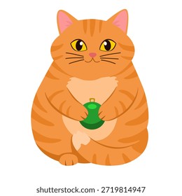 Gato atigrado naranja gordo lindo que sostiene una bola verde de la Navidad aislada en blanco. Personaje divertido del Vector del gatito del jengibre para la tarjeta de felicitación del año Nuevo, la etiqueta engomada del día de fiesta, o el patrón inconsútil del invierno.