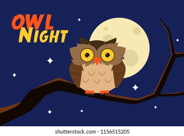 The Cute Fat Owl on Branch in The Halloween Night. The Big Moon on The Dark Blue Sky That's Decorated with Many Stars. Halloween Night Party Greeting Card Background. Cute Animal Cartoon Illustration.