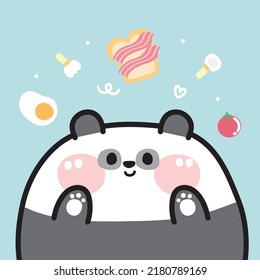 Cute fat panda bear with breakfast cartoon.Chinese zoo.Egg,bacon,bread,tomato,spoon,fork hand drawn.Funny animal character design.Kawaii.Vector.Illustration.