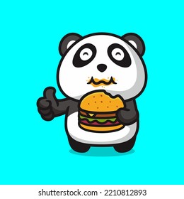 Cute fat panda eating burger, flat design style