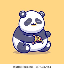 Cute Fat Panda Eating Pizza Cartoon Vector Icon Illustration. Animal Food Icon Concept Isolated Premium Vector. Flat Cartoon Style