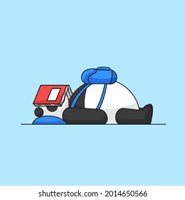 Cute fat panda lying wearing backpack on front tired and sleep after studying on school animal mascot cartoon vector illustration