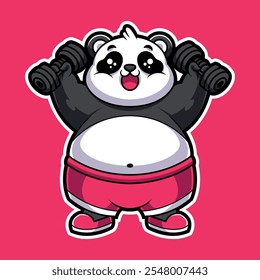 Ilustración de dibujos animados de mancuernas de levantamiento de entrenamiento de panda gordo lindo