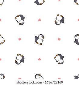 Cute fat penguin cartoon with heart seamless pattern, vector illustration