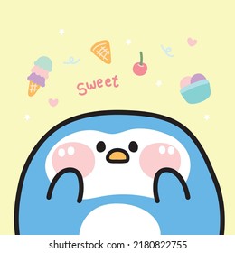 Cute fat penguin with dessert on yellow background.Ice cream,cherry,heart cartoon.Animal character design.Kid graphic.Kawaii.Vector.Illustration.