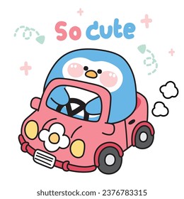 Cute fat penguin drive pink car decorated with flower on white background.Chubby animal character cartoon design.Bird hand drawn.Image for card,poster,baby clothing,sticker.Kawaii.Vector.Illustration.