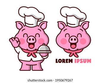 KÜRZEN SIE DAS KLEINEN VON SCHWEINEN, WÄHREND SIE EIN LEBENSMITTELKARTOONLOGO SERVIEREN.