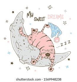 Cute fat pink cat sleeping sweetly on the moon. Vector.