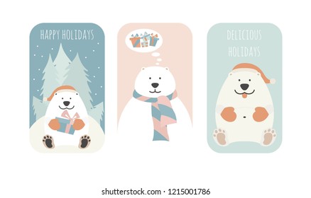 Cute fat polar bear. Christmas holiday greeting card, poster design. Vector illustration