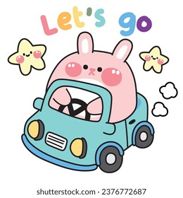 Cute fat rabbit drive blue car with star on white background.Chubby animal character cartoon design.Bunny hand drawn.Image for card,poster,baby clothing,sticker.Kawaii.Vector.Illustration.