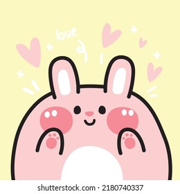 Cute fat rabbit with heart and love text on yellow background.Animal character design.Isolated.Easter.Kawaii.Vector.Illustration.