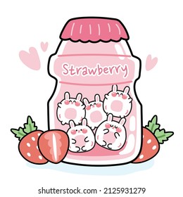 Cute fat rabbit with milk strawberry flavor bottle cartoon on white background.Image for card,baby product,sticker.Drink.Beverage.Isolated.Kawaii.Vector.Illustration.