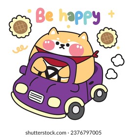 Cute fat shiba inu dog drive car with sunflower.Chubby japanese pet animal character cartoon design.Puppy hand drawn.Image for card,poster,baby clothing,sticker.Kawaii.Vector.Illustration.