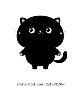Cute fat standing cat. Cartoon funny character. Kawaii kitten baby animal. Love Greeting card. Black silhouette sticker. Flat design style. Happy Valentines Day. White background. Isolated. Vector