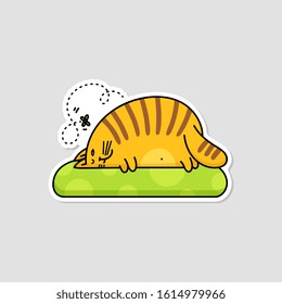 Cute fat striped lazy cat lying on pillow or mattress cartoon vector illustration isolated on background. Sticker print design with domestic animal character.